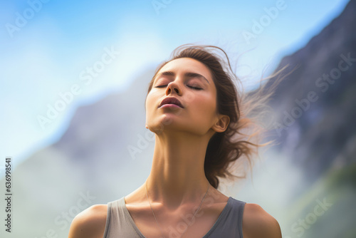 Woman Breahting In The Mountain'S Fresh Air. Healthy concept. Ai Generated 