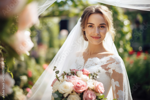 Beautiful Bride Holding Flower Bouquet In A Rose Garden Smiling At The Camera. Ai Generated 