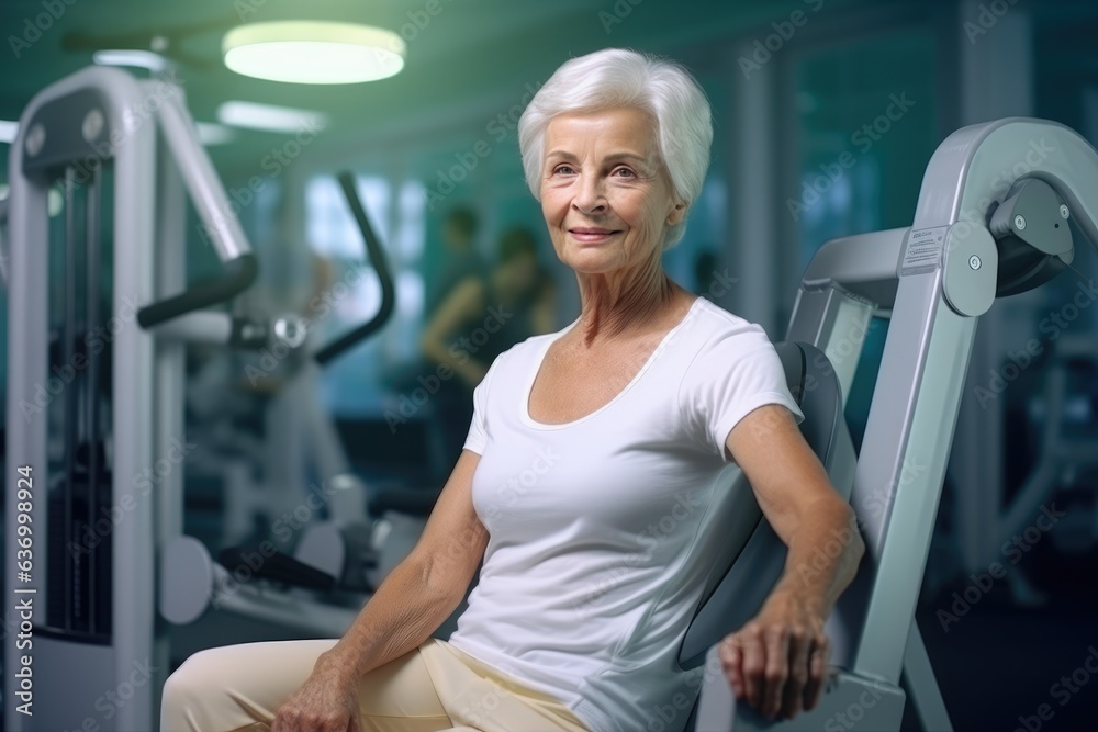 Happy beautiful granny in the gym