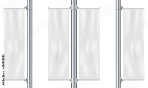 Blank street light pole fabric banner isolated on white background realistic vector mockup. Rectangular streetlight display sign mock-up. Template for design