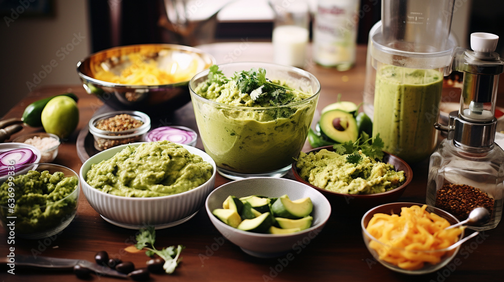 A series of shots capturing the step-by-step process of making homemade guacamole, from mashing the avocados to adding ingredients 