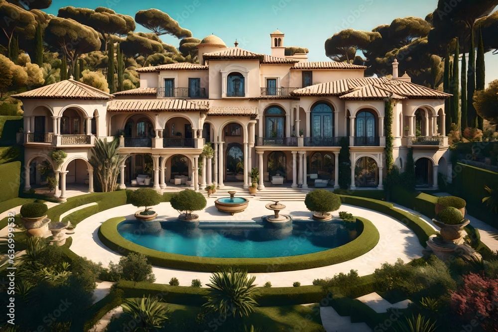 Mediterranean-style mansion with a grand entrance and landscaped gardens - AI Generative
