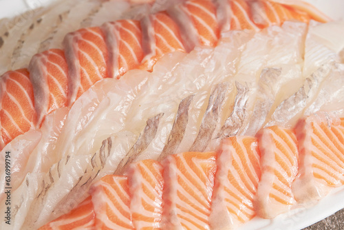 Fresh salmon sashimi and white fish sashimi 