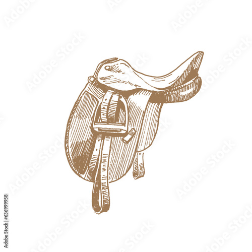 Hand drawn illustration of dressage saddle with stirrups, vintage style drawing