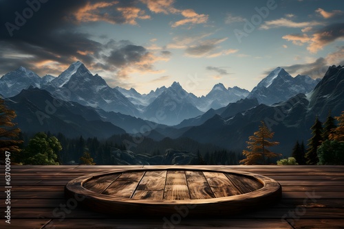 Empty wooden platform on blurred dark green forest with beautiful mountain view