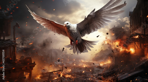 White dove flies against the backdrop of a burning city