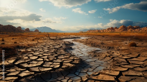 Dry lake in the desert with cracked soil, Global warming concept