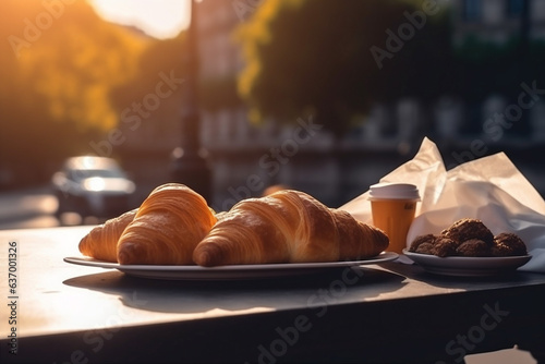 french food breakfast bar drink france croissant cup paris table. Generative AI.