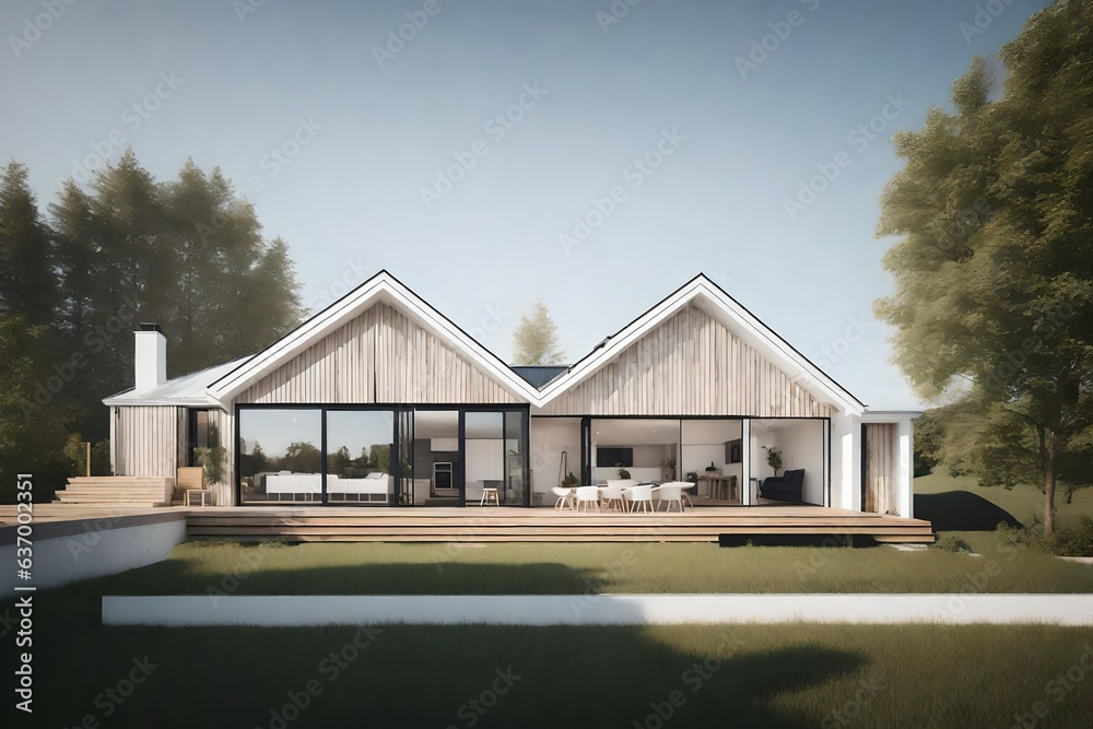 Obraz premium Scandinavian-inspired house with a white exterior and minimalistic design - AI Generative
