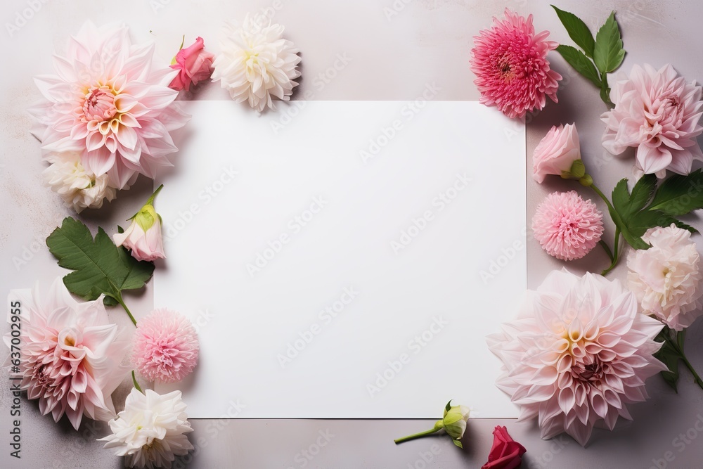 mockup square white blank card with pink dahlia flowers and leaves mockup square white blank card with pink dahlia flowers and leaves