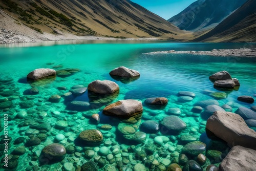 The breathtaking shot of beautiful stones under the turquoise water of a lake and hills in the background takes your breath away - AI Generative