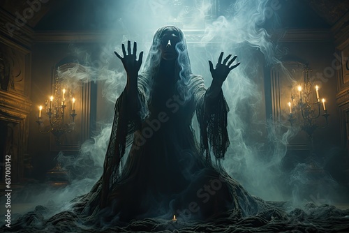 Captivating Halloween unique costume with haunting hand gesture, gothic art, eerie lighting, haunted mansion, artistic photograph, spooky mood, creative photo manipulation technique © emzee