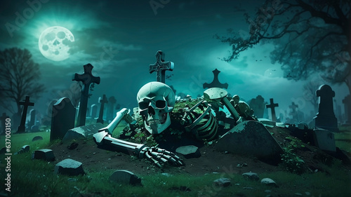 A skeleton crawls out of the grave on Halloween night. The scene is illuminated by the full moon. Halloween concept