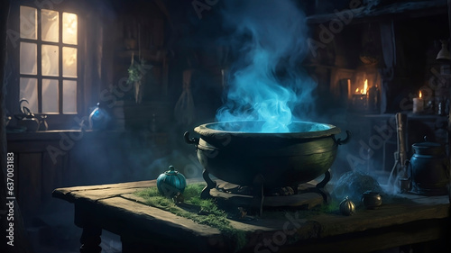 Witches' cauldron with smoking potion and various magical ritual paraphernalia on a table in a spooky wooden house on Halloween night. Coven. Halloween concept.