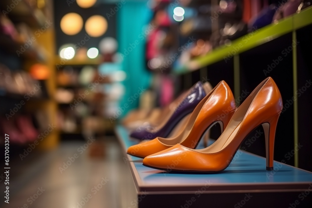Shelf with high heel shoes in store Shelf with high heel shoes in store