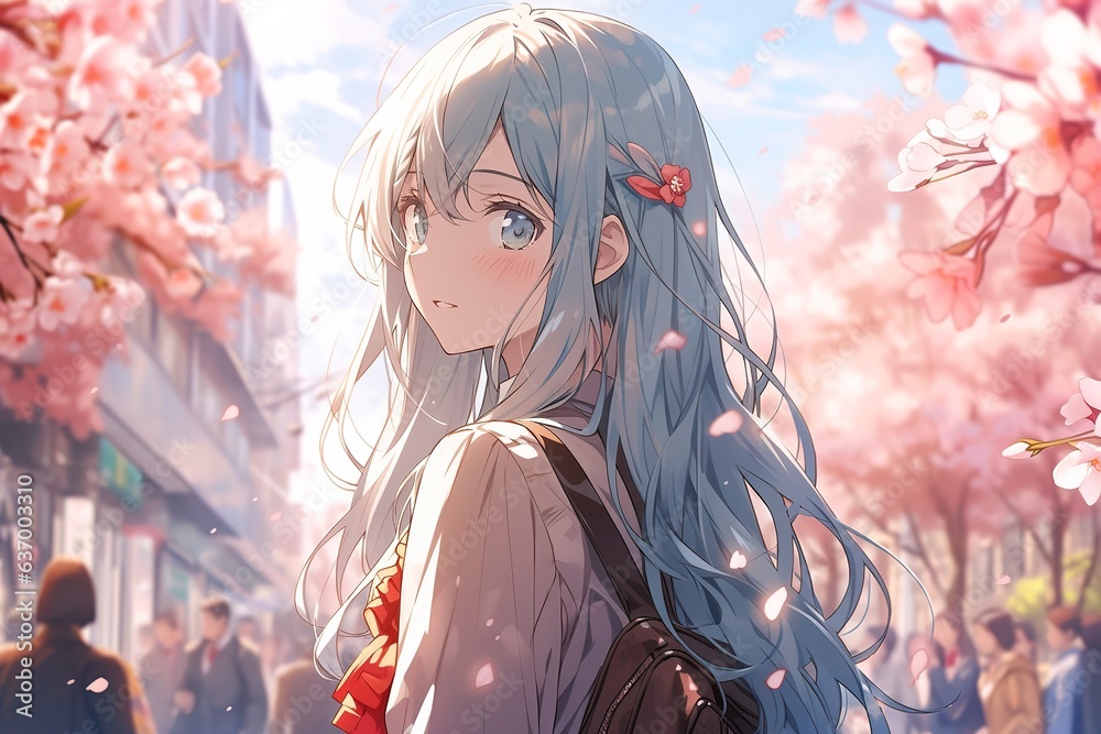 Fototapeta premium cute schoolgirl with long blue hair among sakura blossoms in city park in anime style