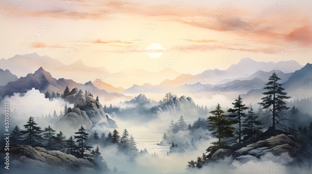 idyllic mountain landscape with rocks overgrown with coniferous forest at sunset in the fog idyllic mountain landscape with rocks overgrown with coniferous forest at sunset in the fog