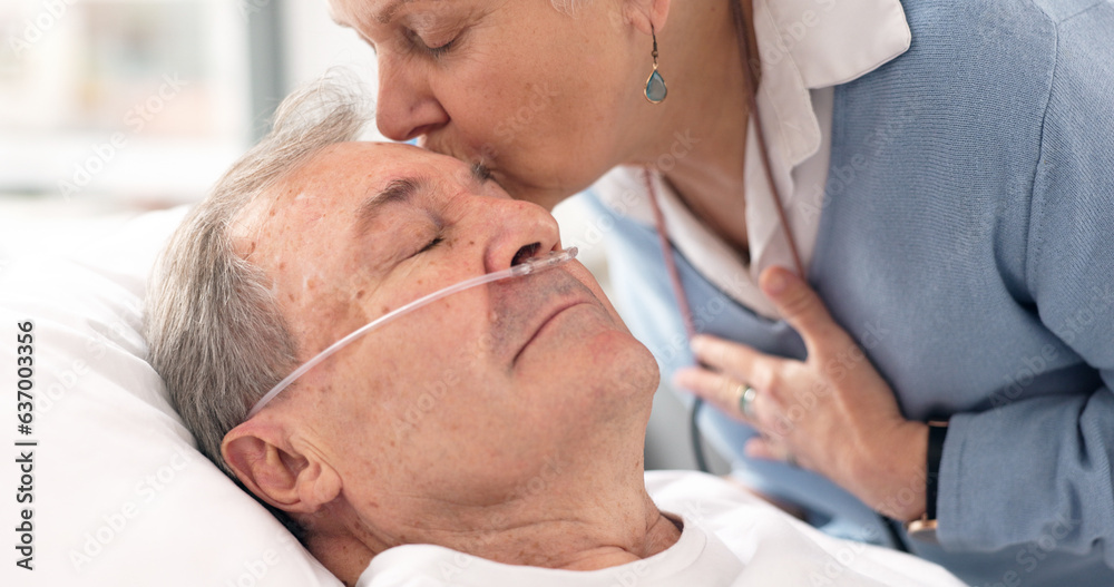 Drip, hospital bed and senior man sleeping with ventilation and breathing tube in a clinic. Elderly patient, medical care and wife support with male person at a doctor for wellness and healthcare Drip, hospital bed and senior man sleeping with ventilation and breathing tube in a clinic. Elderly patient, medical care and wife support with male person at a doctor for wellness and healthcare