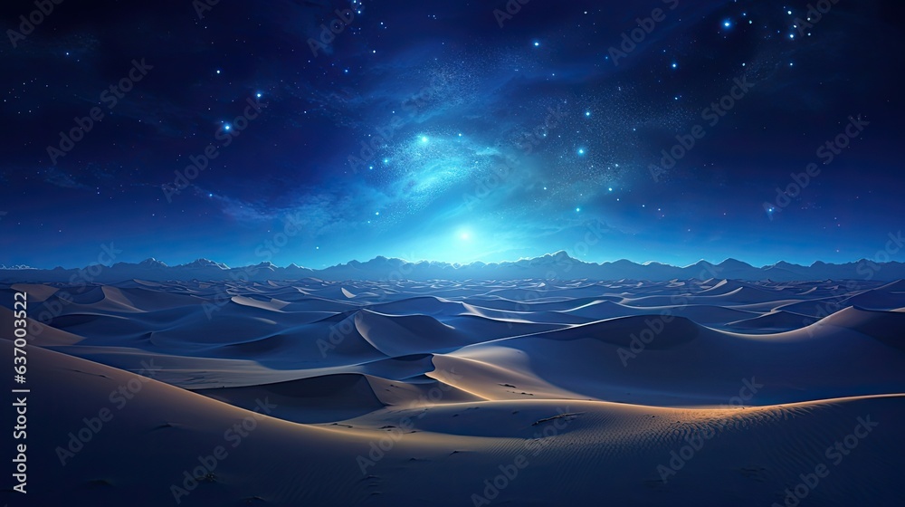 fantastic dunes in the desert at night with sparkling stars with an oasis - obrazy, fototapety, plakaty 