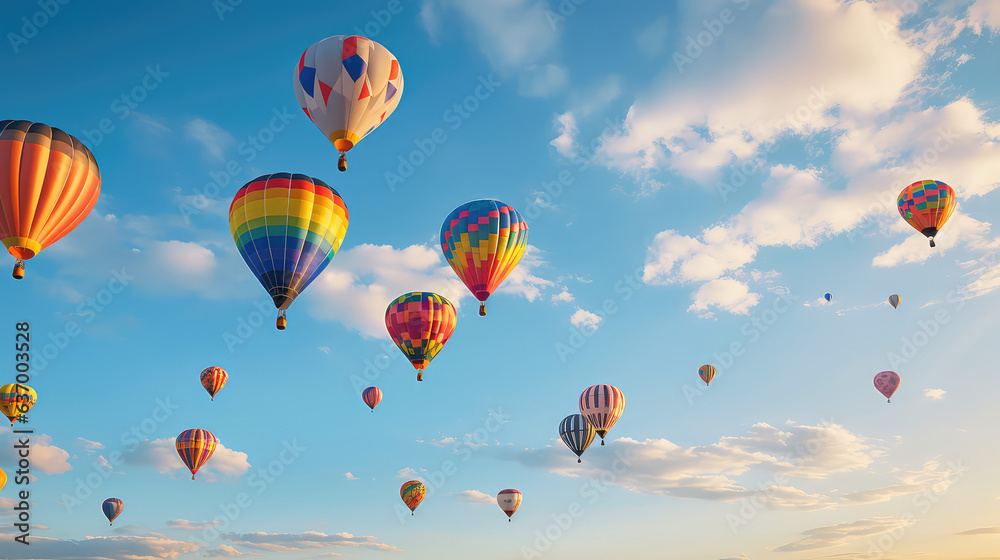 Festival of hot air balloons in flight. Beautiful hot air balloons of different colors floating in the blue sky, wallpaper. 