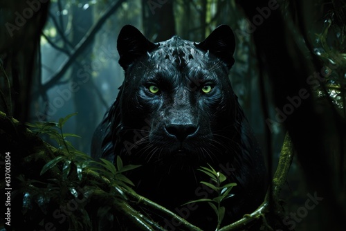 A black panther silently prowled through the dark jungle terrain.