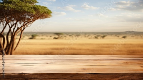 empty wooden table in modern style for product presentation with a blurred african savannah in the background