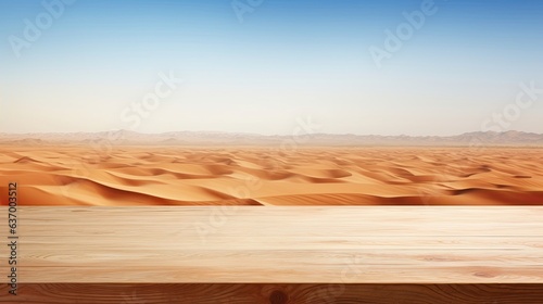empty wooden table in modern style for product presentation with a blurred desert landscape with dunes in the background