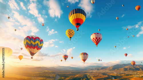 Festival of hot air balloons in flight. Beautiful hot air balloons of different colors floating in the blue sky, wallpaper. 