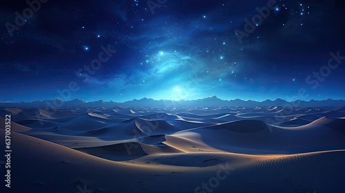 fantastic dunes in the desert at night with sparkling stars with an oasis