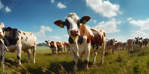 Cow, pasture on a farm meadow.