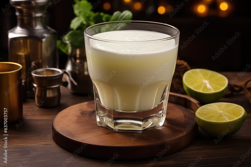 Pisco sour cocktail on wooden table. Traditional peruvian cocktail in glass. Pisco sour cocktail on wooden table. Traditional peruvian cocktail in glass.