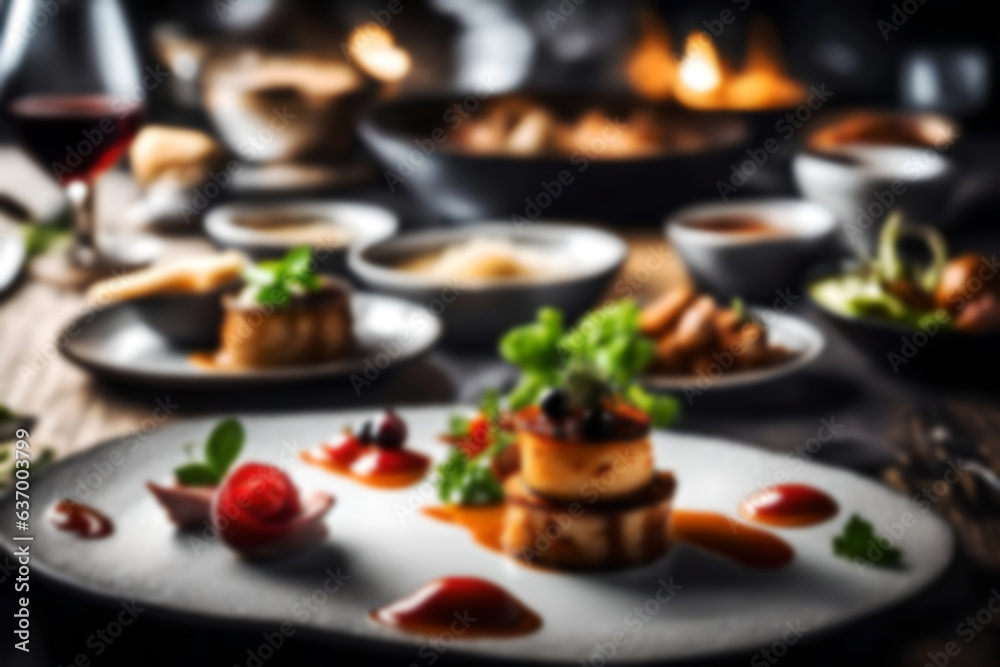 Abstract blurred background illustration. Exquisite Culinary Delights. Indulging in a Lavish Gourmet Menu with Premium Ingredients and Artful Presentation. Beauty of international cuisine. - obrazy, fototapety, plakaty 