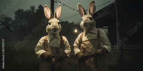Creepy rabbits in the form of people, farmers. © Vadim