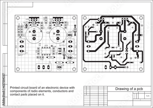 Vector printed circuit board of an electronic 
device with components of radio elements, 
conductors and contact pads placed on it. 
Engineering drawing with grid.