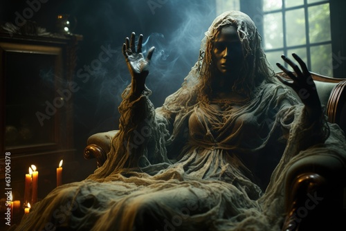 Captivating Halloween unique costume with haunting hand gesture, gothic art, eerie lighting, haunted mansion, artistic photograph, spooky mood, creative photo manipulation technique