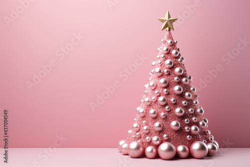 Decorative pink Christmas tree on a pink background. Copy space.