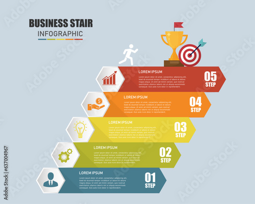 Infographic stair 5 step to success isolated on white background. Business and finance concept.Can be used for workflow layout, processes, presentation, number options.vector illustration flat design.