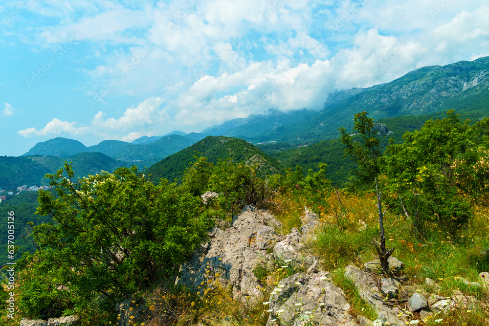 beautiful mountains, summer landscape, clouds, forest on the hillsides beautiful mountains, summer landscape, clouds, forest on the hillsides
