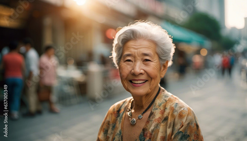 Elderly asian lady outdoors with copy space