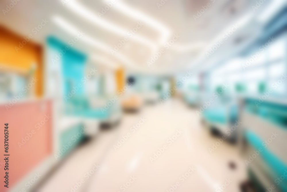 Abstract blurred illustration background. Defocus blur image of corridor in hospital or clinic. Concept about Health car office interior doctor nurse patient location and other elements in hospital.