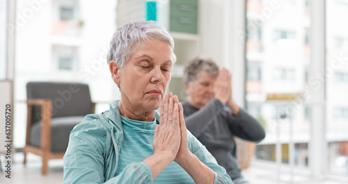 Senior people, yoga class and coach meditation, prayer and peace hands for exercise, holistic wellness and mindfulness. Spiritual workout, group and calm elderly women, clients and personal trainer