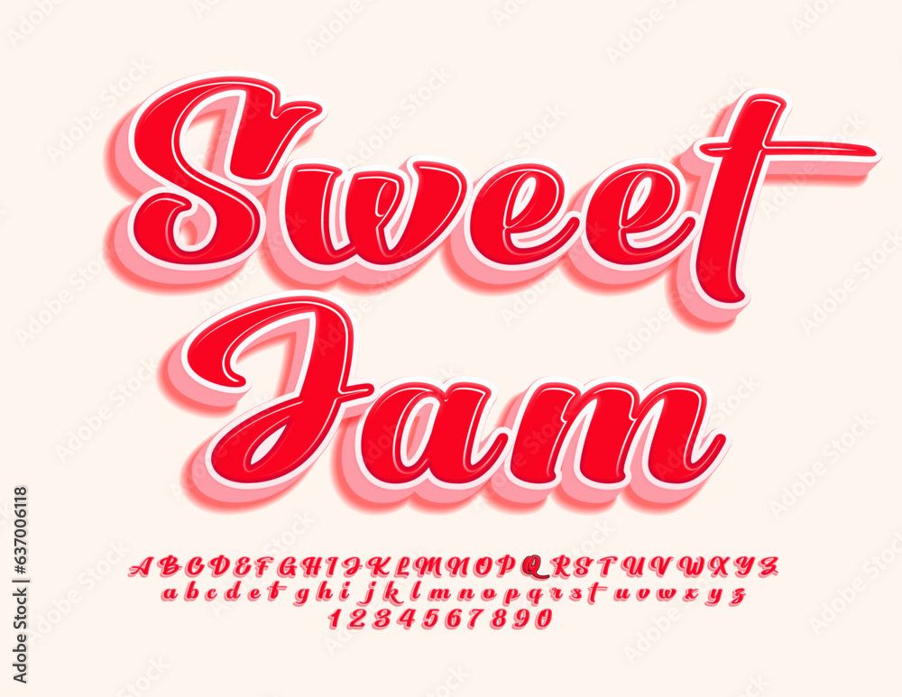 Vector bright logo Sweet Jam. Beautiful calligraphic Font. Red 3D Alphabet Letters, Numbers and Symbols set