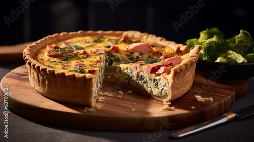 A delicious baked quiche cheese pie with a slice cut out.   photo