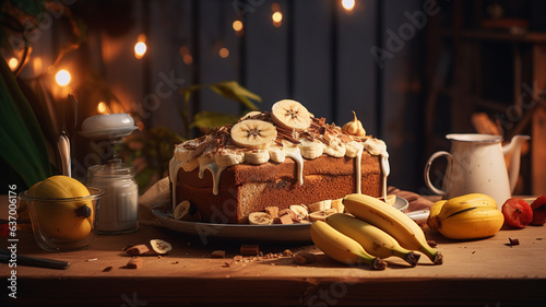 Bake banana cake on black background. Generative AI