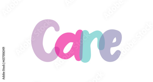 Care typography lettering background sign banner, label, sticker, text design, pink, purple, lilac, blue, white background, tag