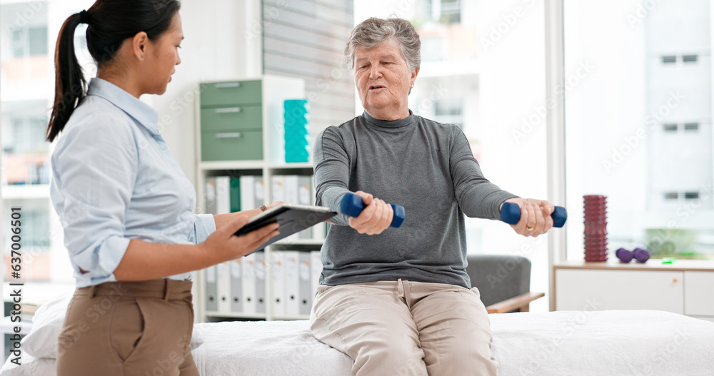 Physiotherapy tablet, senior woman and dumbbell for muscle, fitness and stretching support on digital checklist. Physical therapy, medical or chiropractor person helping elderly patient with exercise Physiotherapy tablet, senior woman and dumbbell for muscle, fitness and stretching support on digital checklist. Physical therapy, medical or chiropractor person helping elderly patient with exercise