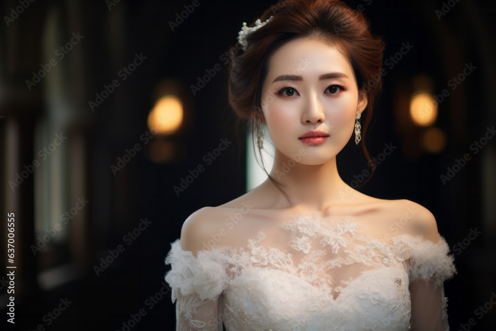 A beautiful Chinese woman wearing an exquisite white wedding gown, standing at the entrance of a church, facing the camera