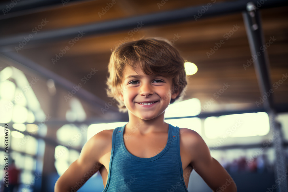 Happy boy at Artistic gymnastics training lesson wearing colorful leotard looking at camera