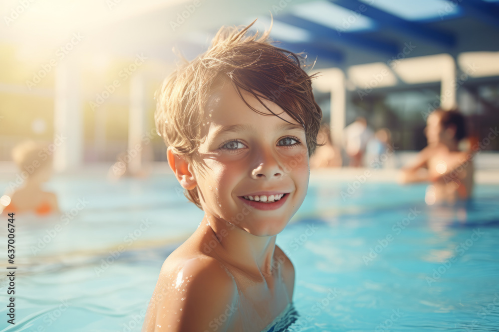 Happy boy at swimming training lesson looking at camera with swimming pool background