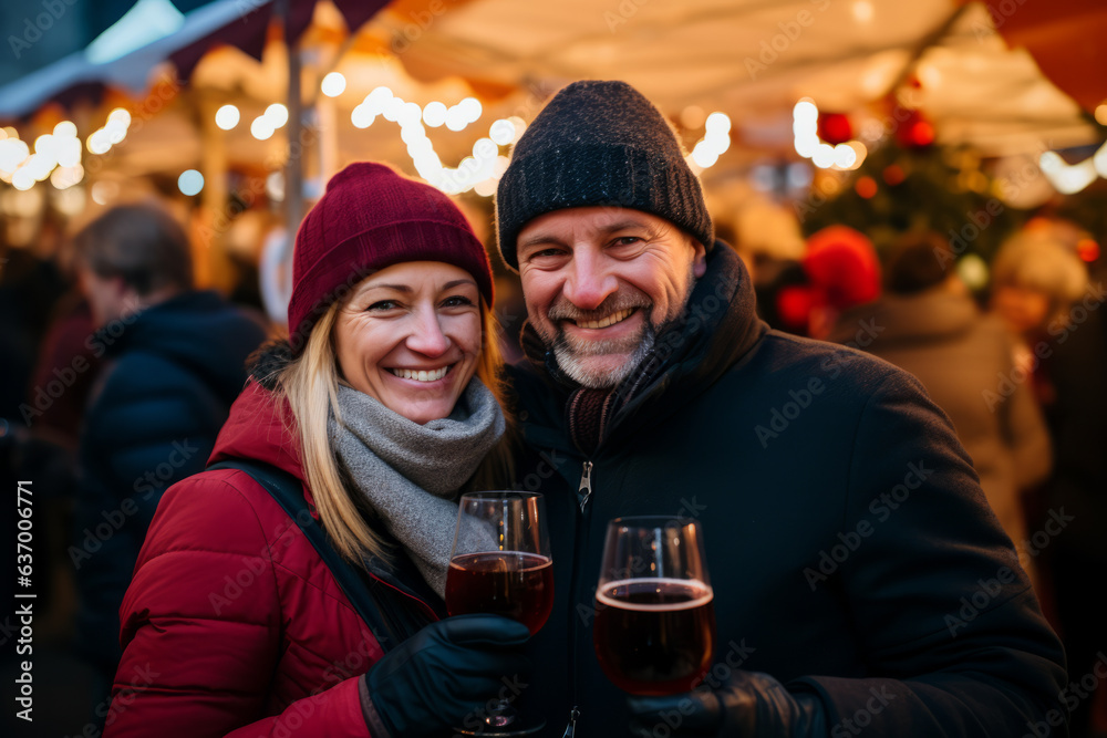 Man and woman couple with glühwein glasses at christmas market during winter evening Man and woman couple with glühwein glasses at christmas market during winter evening